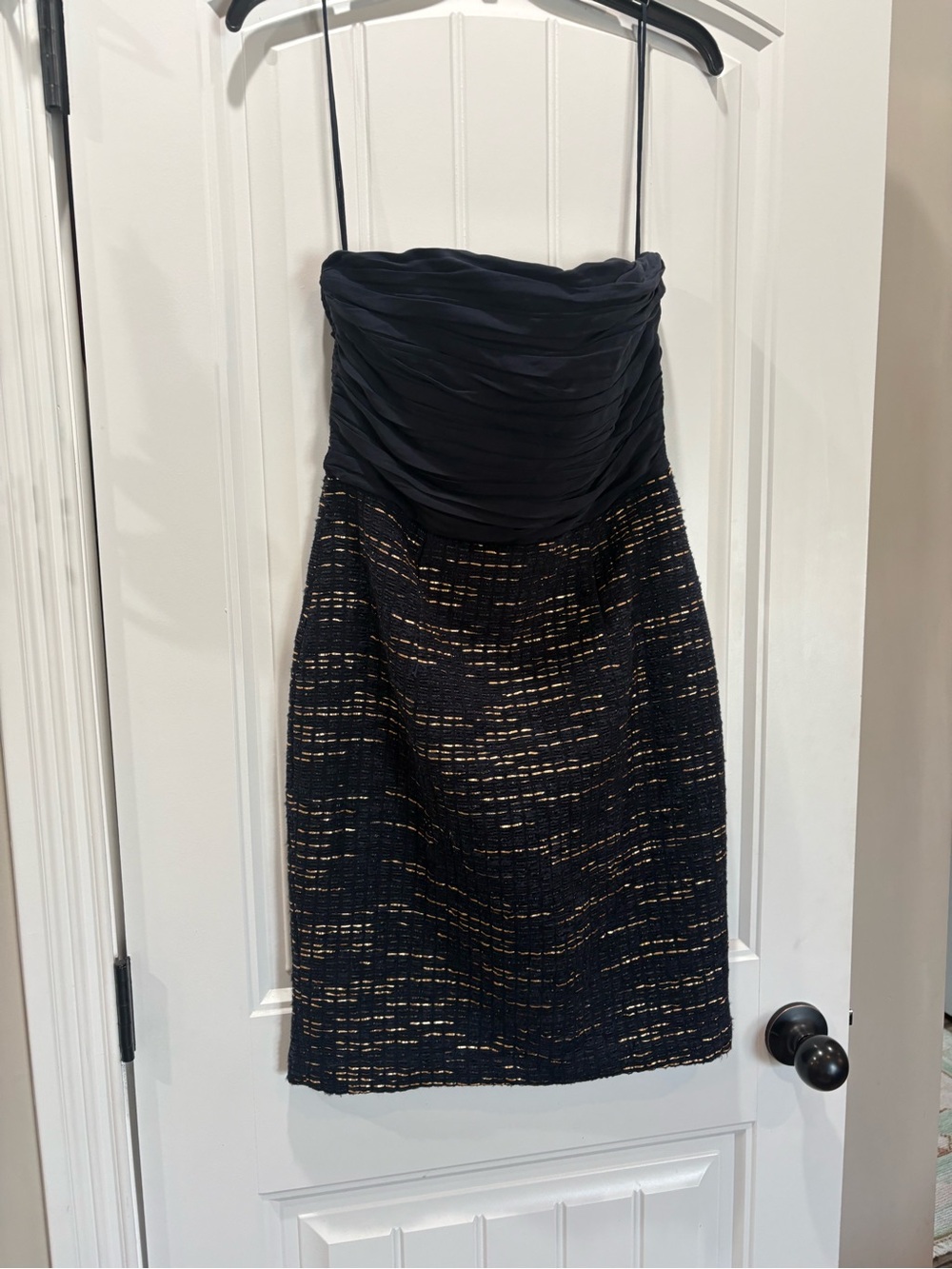 Alice + Olivia Navy Strapless Dress with Gold Accent Tweed Skirt